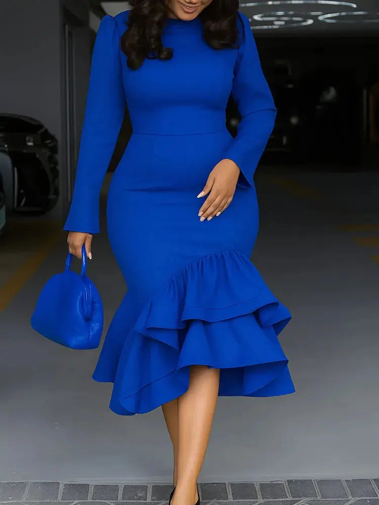 Elegant Mermaid Dress - Long Sleeve Ruffle Church & Office Wear ANOINTED_ADORNED