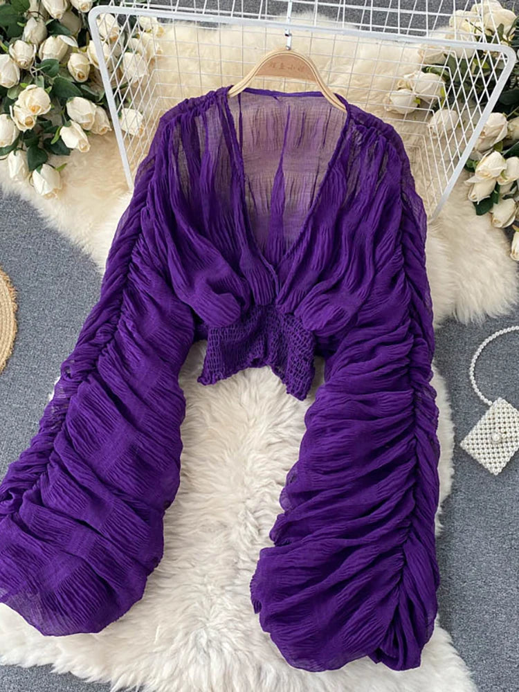 Women's Draped Chiffon V-Neck Puff Sleeve Blouse ANOINTED_ADORNED