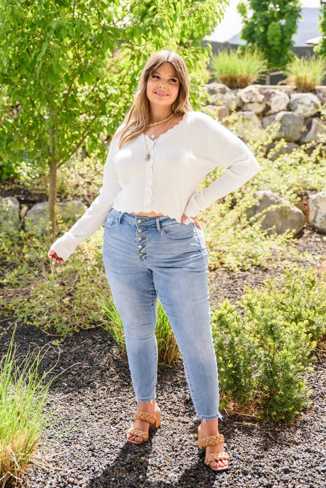 Women's plus size stretch high-waisted button ripped skinny jeans, casual and comfortable, suitable for everyday wear. ANOINTED_ADORNED