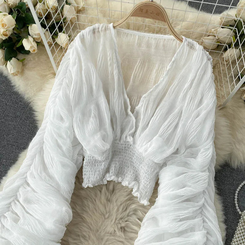 Women's Draped Chiffon V-Neck Puff Sleeve Blouse ANOINTED_ADORNED
