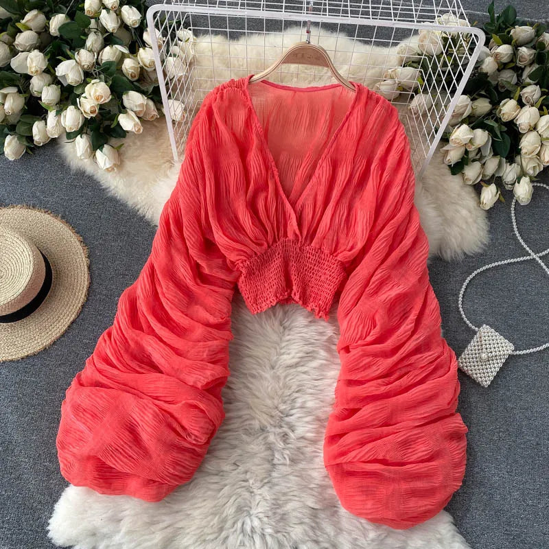 Women's Draped Chiffon V-Neck Puff Sleeve Blouse ANOINTED_ADORNED