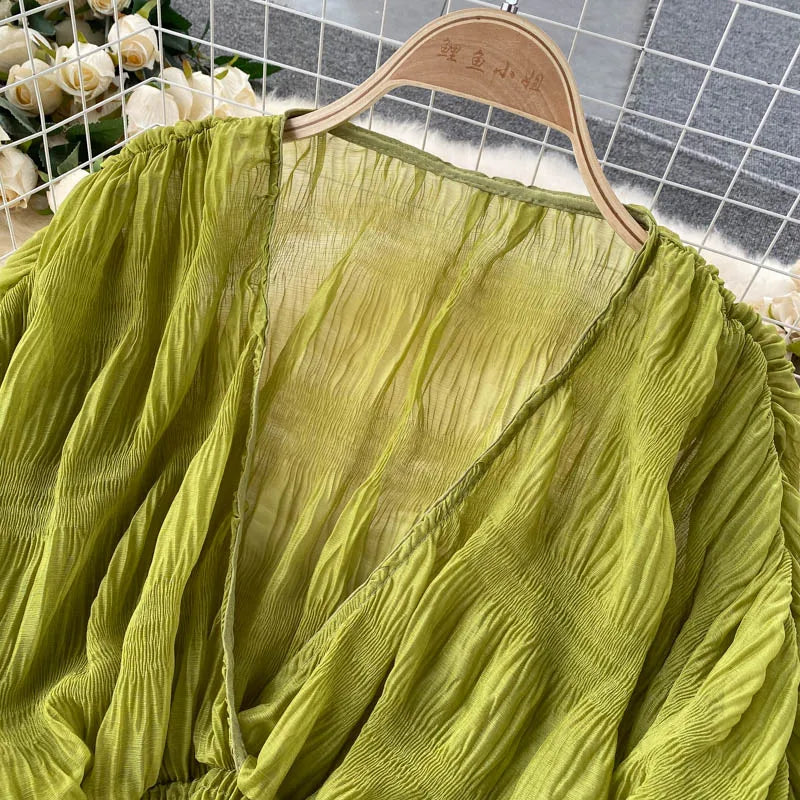 Women's Draped Chiffon V-Neck Puff Sleeve Blouse ANOINTED_ADORNED