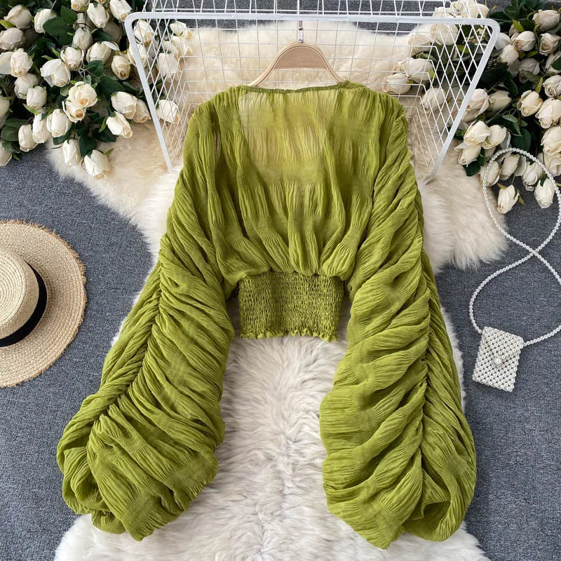 Women's Draped Chiffon V-Neck Puff Sleeve Blouse ANOINTED_ADORNED