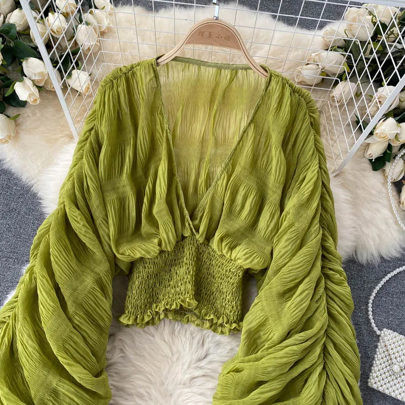 Women's Draped Chiffon V-Neck Puff Sleeve Blouse ANOINTED_ADORNED