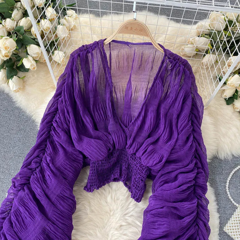 Women's Draped Chiffon V-Neck Puff Sleeve Blouse ANOINTED_ADORNED