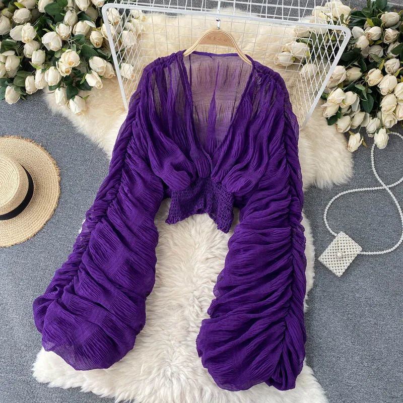 Women's Draped Chiffon V-Neck Puff Sleeve Blouse ANOINTED_ADORNED
