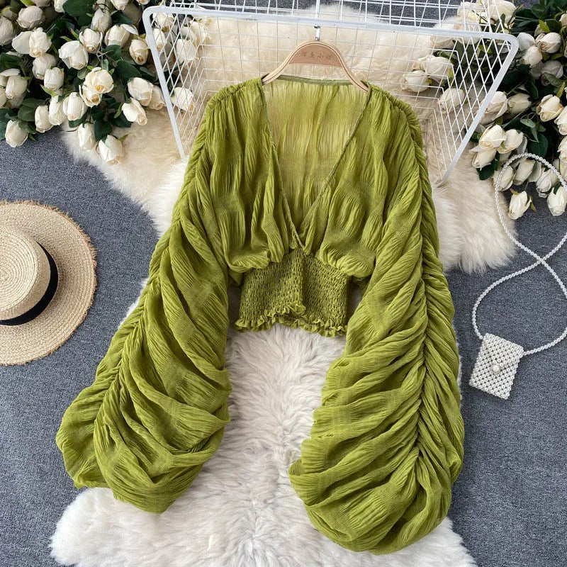 Women's Draped Chiffon V-Neck Puff Sleeve Blouse ANOINTED_ADORNED