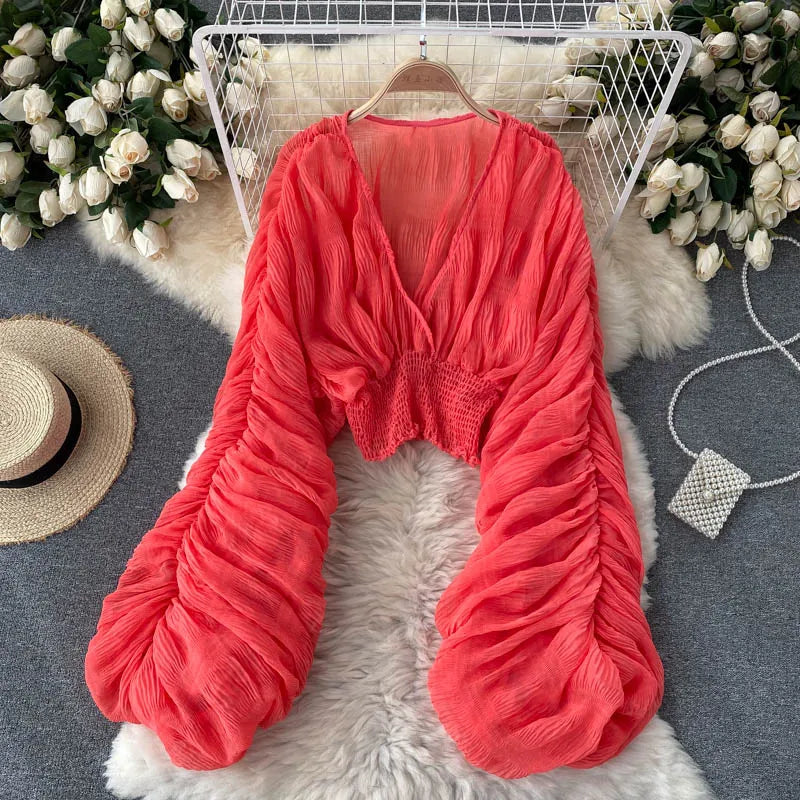Women's Draped Chiffon V-Neck Puff Sleeve Blouse ANOINTED_ADORNED