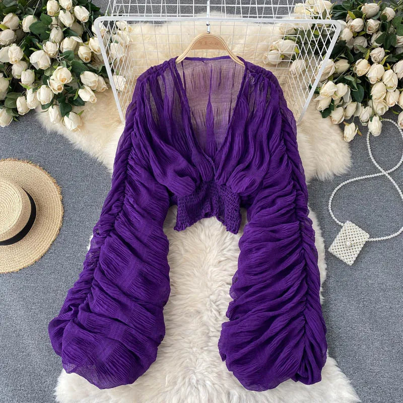 Women's Draped Chiffon V-Neck Puff Sleeve Blouse ANOINTED_ADORNED
