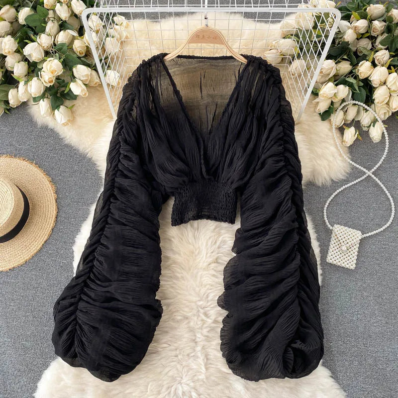 Women's Draped Chiffon V-Neck Puff Sleeve Blouse ANOINTED_ADORNED