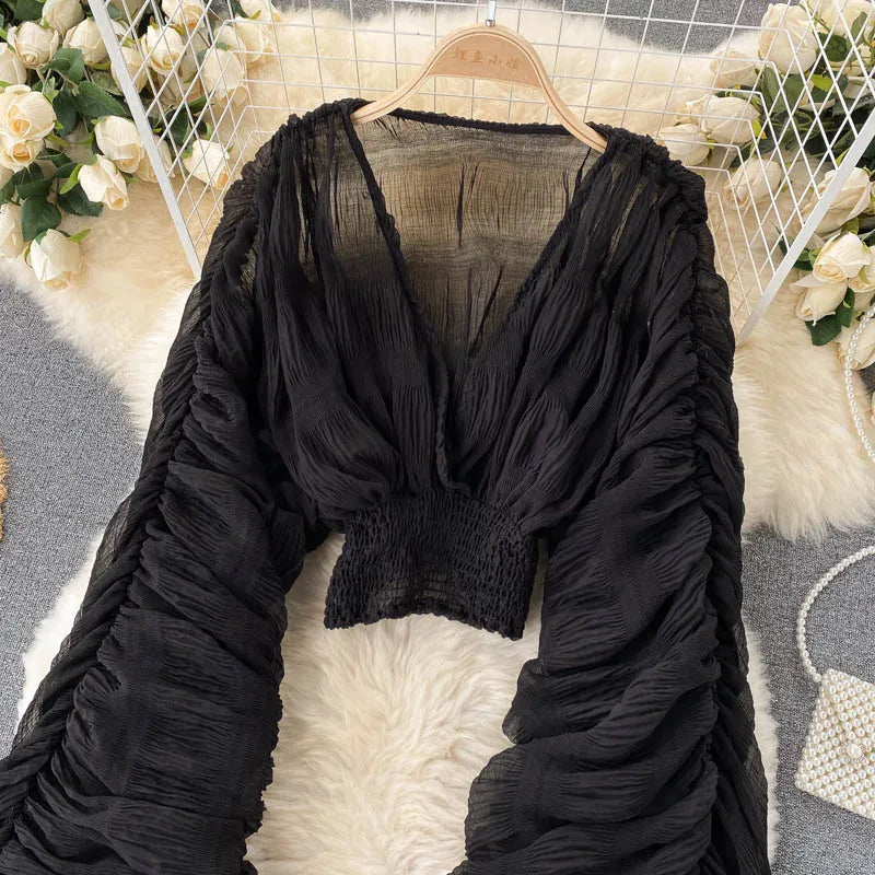 Women's Draped Chiffon V-Neck Puff Sleeve Blouse ANOINTED_ADORNED