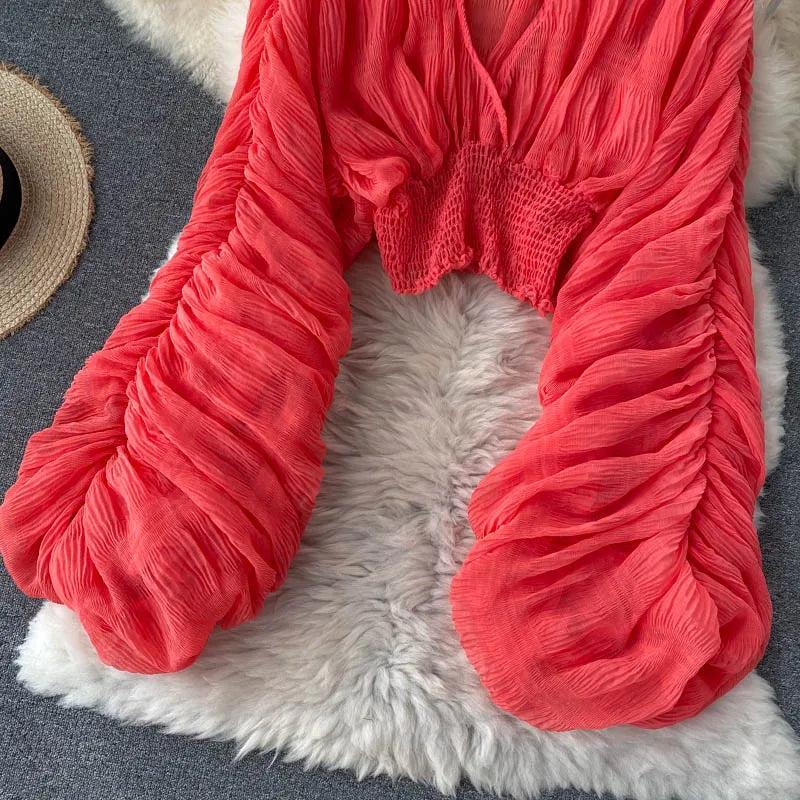 Women's Draped Chiffon V-Neck Puff Sleeve Blouse ANOINTED_ADORNED