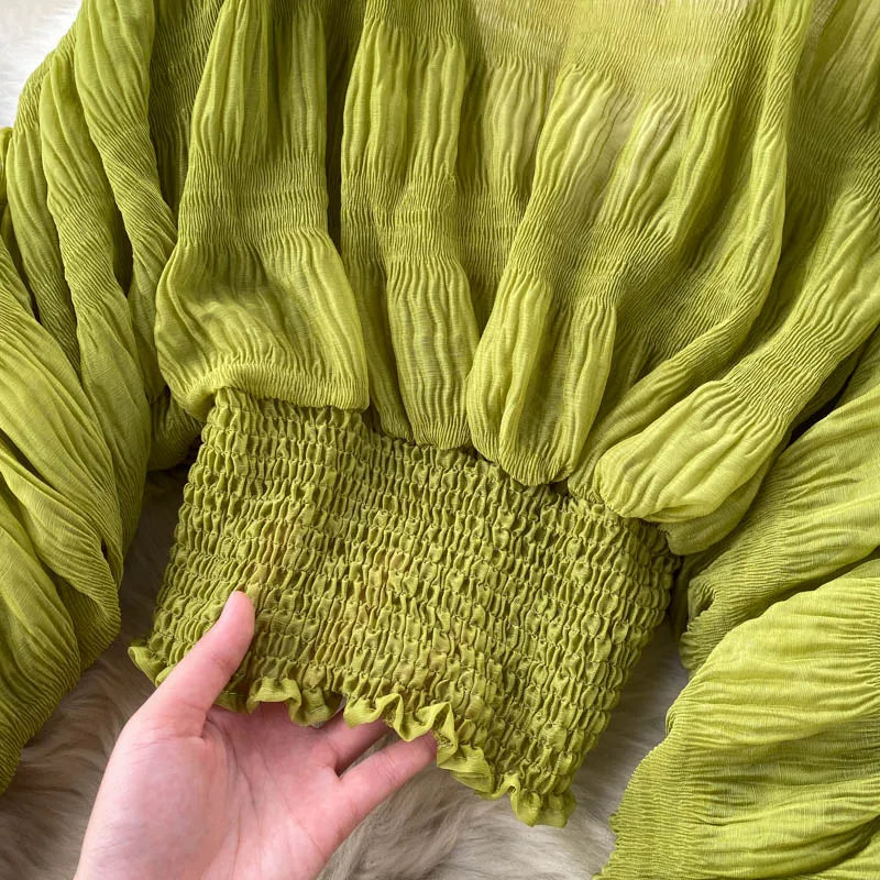 Women's Draped Chiffon V-Neck Puff Sleeve Blouse ANOINTED_ADORNED