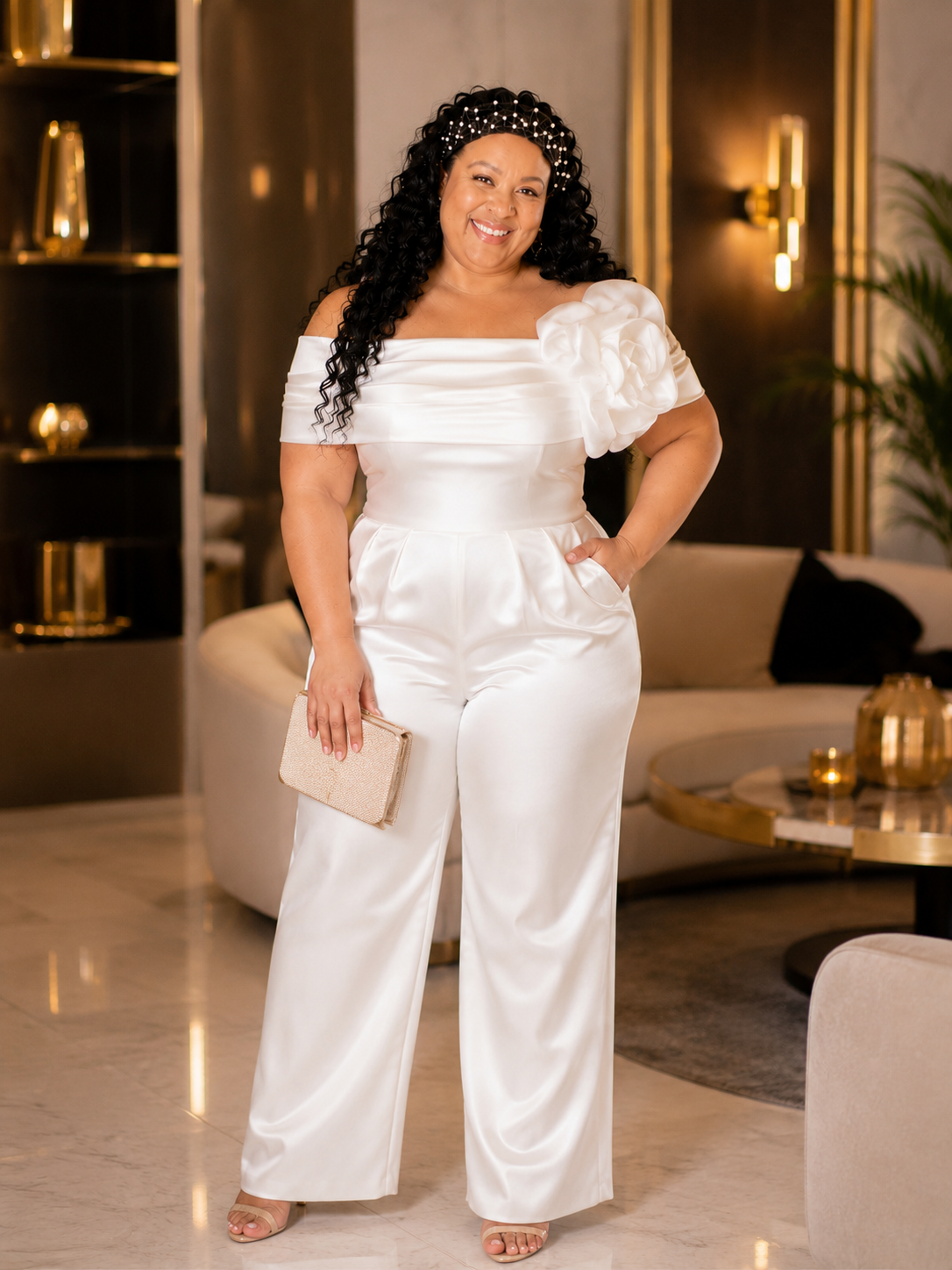 Meet Klarity — Elegant Off The Shoulder 3D Pocket Satin Jumpsuit