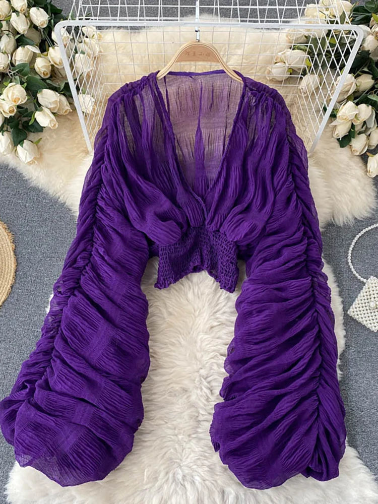 Women's Draped Chiffon V-Neck Puff Sleeve Blouse ANOINTED_ADORNED
