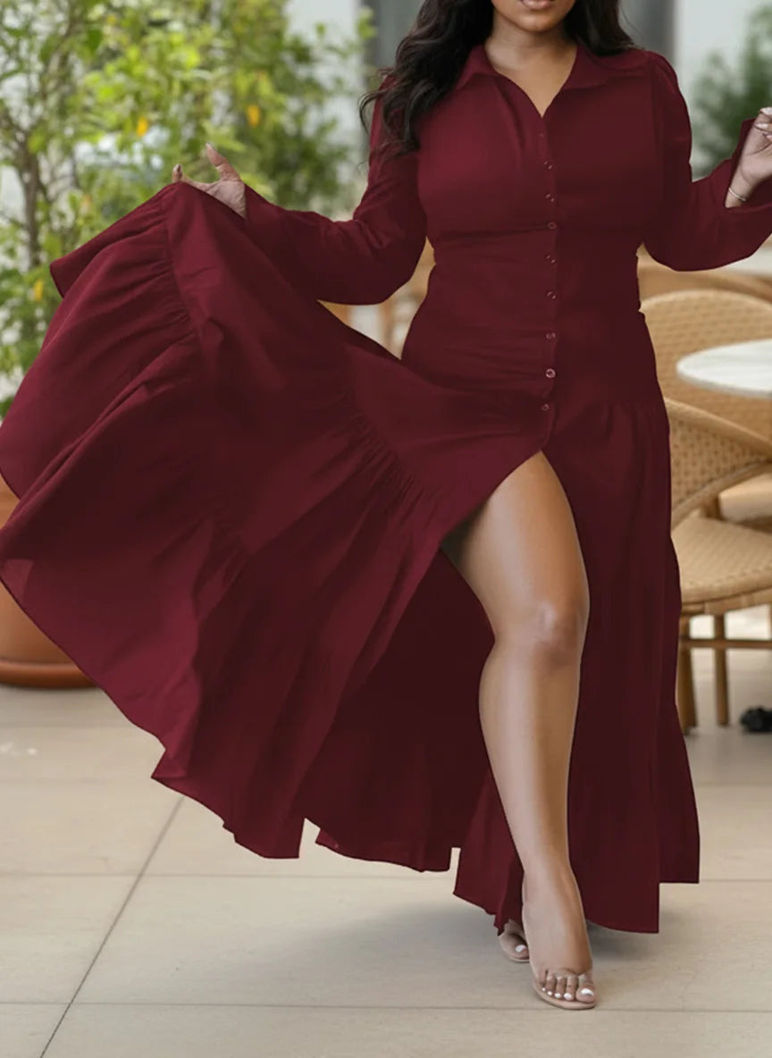 Plus Size Women’s Button-Front Maxi Dress – Long Sleeve Collared Shirt Dress with High Slit for Casual Outings, Parties & Dinner ANOINTED_ADORNED