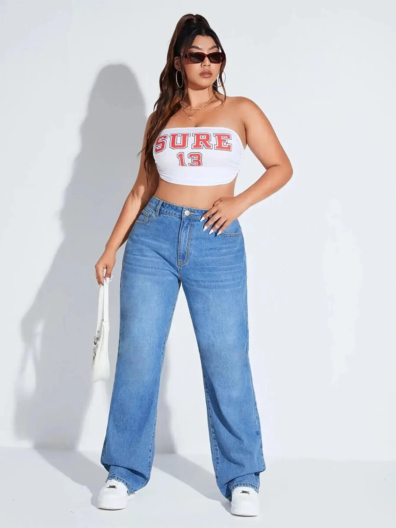 Plus-size women's jeans, loose-fitting stretch wide-leg jeans, simple, stylish, and perfect for everyday wear. ANOINTED_ADORNED