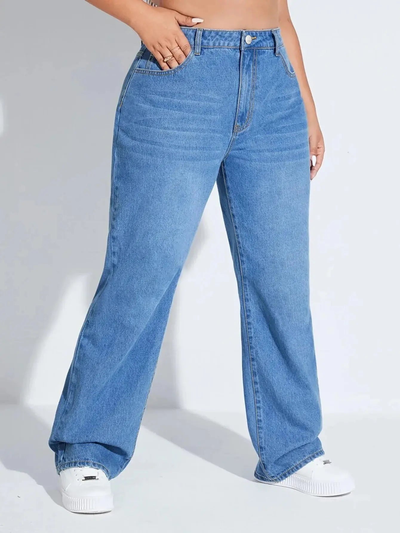 Plus-size women's jeans, loose-fitting stretch wide-leg jeans, simple, stylish, and perfect for everyday wear. ANOINTED_ADORNED