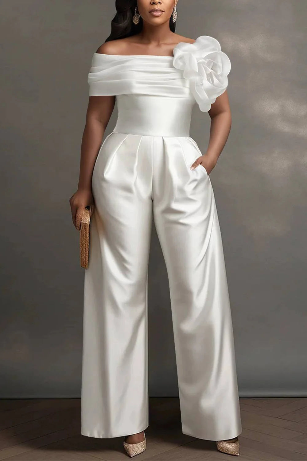 Elegant Off The Shoulder 3D Pocket Satin Jumpsuits ANOINTED_ADORNED