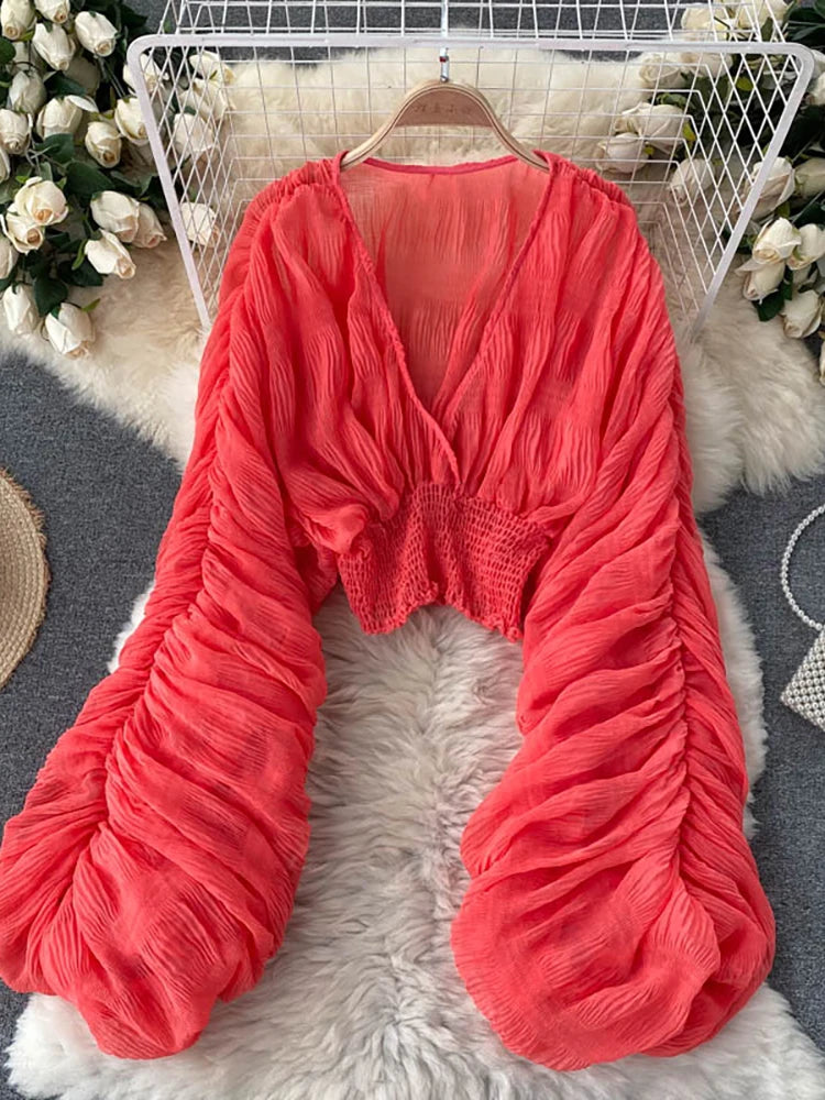 Women's Draped Chiffon V-Neck Puff Sleeve Blouse ANOINTED_ADORNED