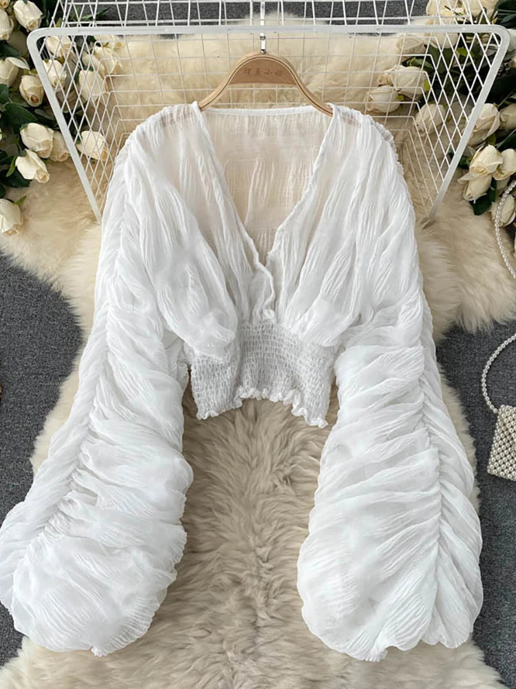 Women's Draped Chiffon V-Neck Puff Sleeve Blouse ANOINTED_ADORNED