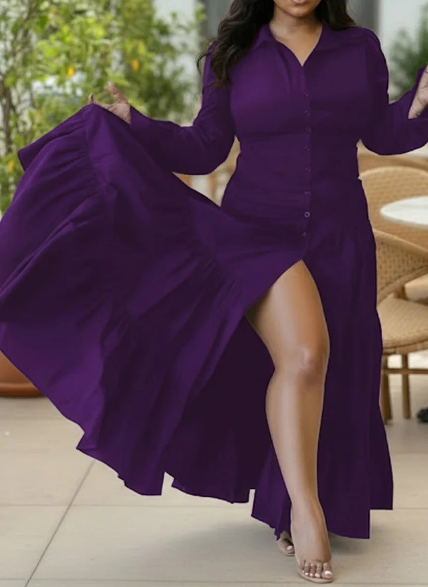 Plus Size Women’s Button-Front Maxi Dress – Long Sleeve Collared Shirt Dress with High Slit for Casual Outings, Parties & Dinner ANOINTED_ADORNED