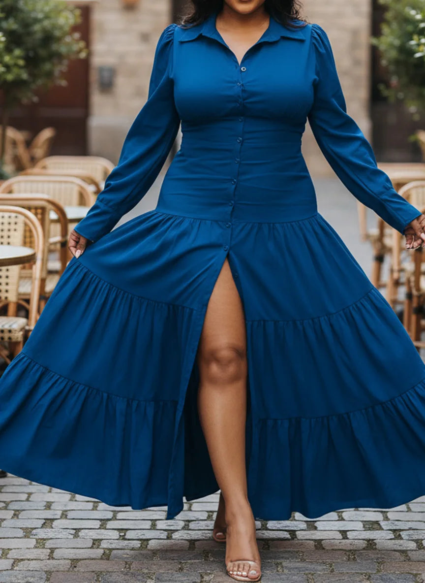 Plus Size Women’s Button-Front Maxi Dress – Long Sleeve Collared Shirt Dress with High Slit for Casual Outings, Parties & Dinner ANOINTED_ADORNED