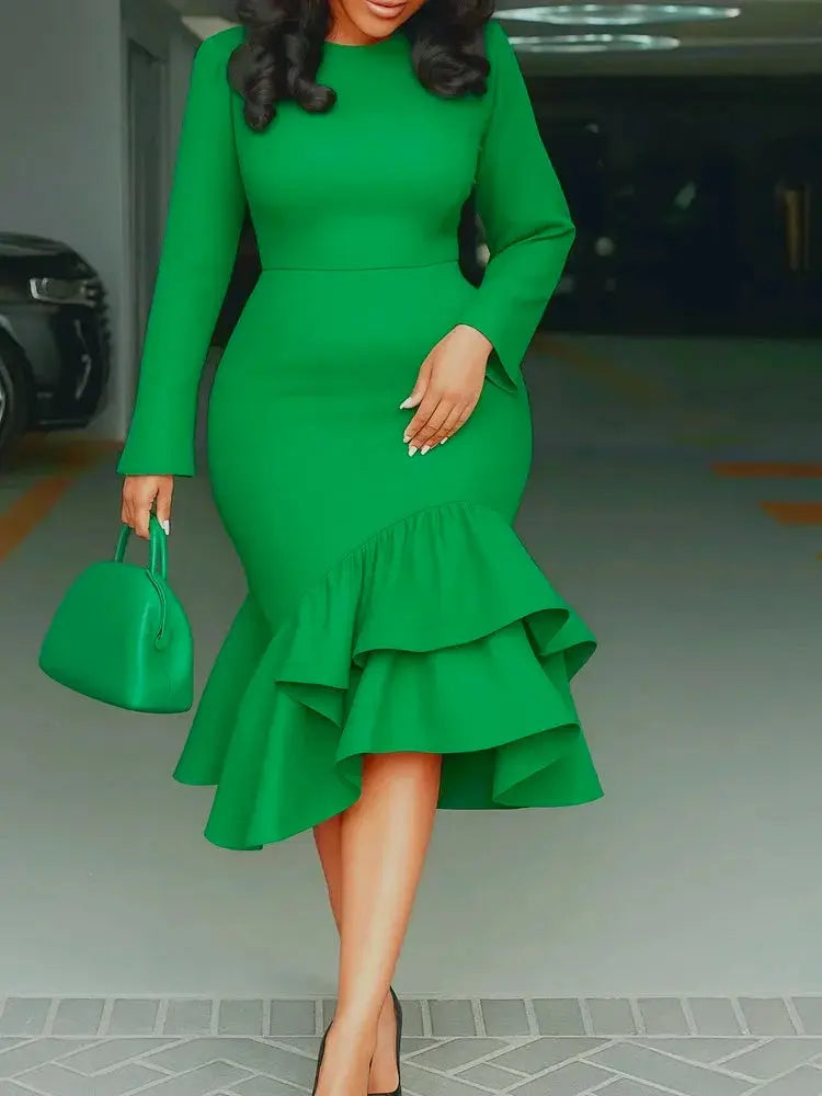 Elegant Mermaid Dress - Long Sleeve Ruffle Church & Office Wear ANOINTED_ADORNED