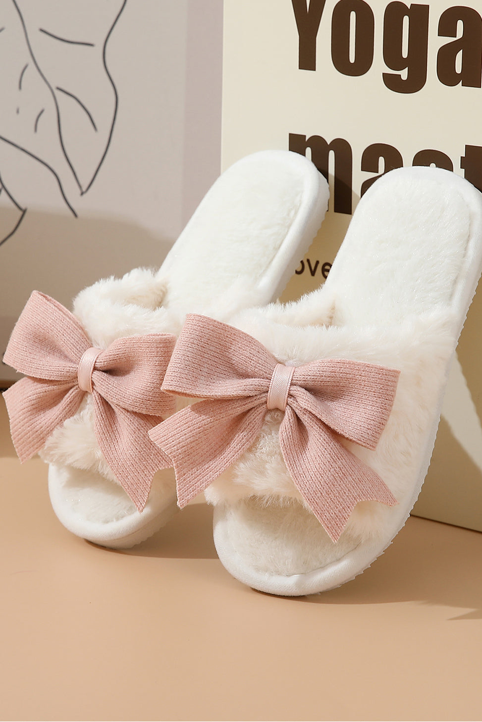 White Bow Knot Decor Open Toe Plush Slippers
